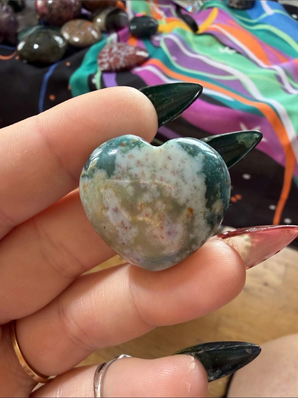 Hand-Carved Moss Agate Heart - Green and Cream Stone Accent